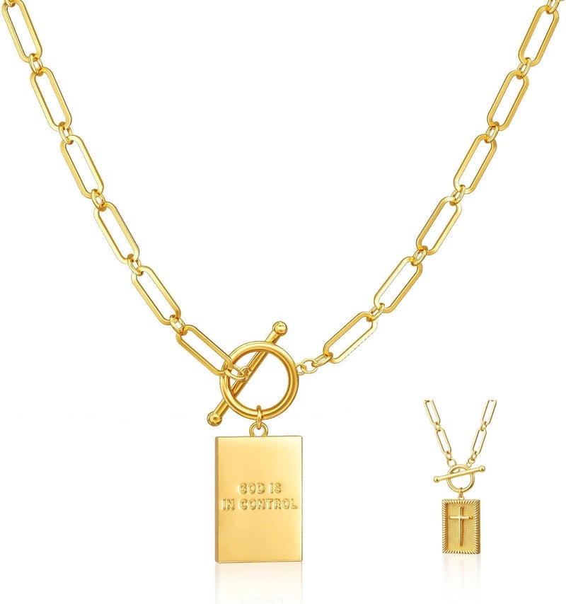 Moodear Cross Necklace for Women Trendy Chunky 14K Gold Plated/Silver Plated Cross Pendant Necklace Toggle Clasp Paperclip Chain Dainty Charm Necklace Fashion Religious Simple Jewelry Christian Gifts for Women - Image 1